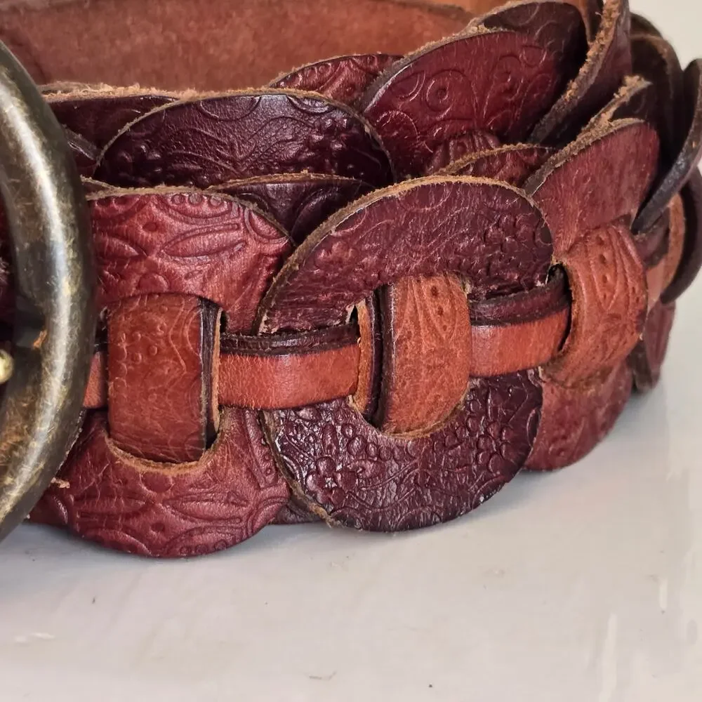 Vintage Fossil Leather Belt Chain Woven Western Tooled Brown Burgundy Cowgirl
